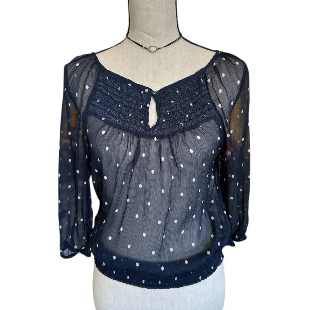 Abercrombie & Fitch Sheer Polka Dot Blouse Small Navy Boho Peasant Puff Sleeve